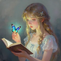 a painting of a girl holding a butterfly, a storybook illustration by jeremiah ketner, featured on deviantart, fantasy art, digital painting, deviantart, iridescent
