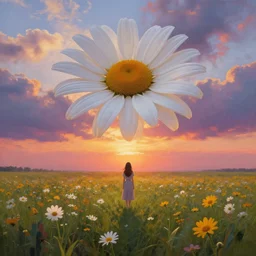 giant daisy flower over head, full body girl standing in a flower field, surreal photography, sunrise, dramatic light, impressionist painting, colorful clouds, digital painting, artstation, simon stalenhag