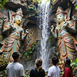 looking up at ancient temple ruins interior, waterfall, huge statues, intricate, elegant, vivid colors, highly detailed, john park, craig mullins, sparth, ruan jia, jeffrey catherine jones