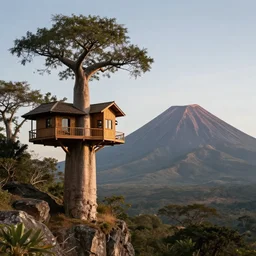 a modern treehouse made on the side of a cliff in madagascar, baobab tree, next to an enormous volcano, artstation, an epic fantasy, cinematic lighting, photographic, hyper realistic, photographic, sharp focus, by greg rutkowski and artgerm