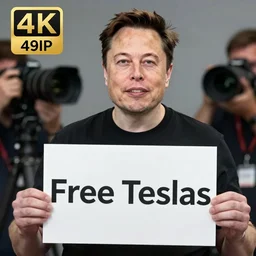 Elon Musk holding a sign saying Free Teslas, highly detailed, high quality, HD, 4k, 8k, Canon 300mm, professional photographer, 40mp, lifelike, top-rated, award winning, realistic, sharp, no blur, edited, corrected, trending