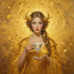 epic painting, full figure portrait of beautiful goddess holding tea cup with golden glow background, drawing, photography by amy leibowitz, wlop, jeremy lipkin, beeple, intricate golden fractals, team leaves flying in the sky, symmetrical front portrait, artgerm