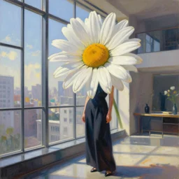 a giant daisy flower as a head, woman standing next to modern window in luxury loft, surreal photography, sunlight, impressionist painting, digital painting, artstation, simon stalenhag