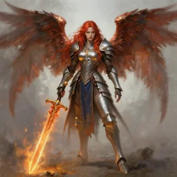 red haired female paladin with wings and a flaming sword, ( gargoyle like ), fantasy painting, concept art