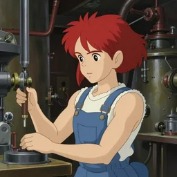airship engineer working in a boiler room, redhead, tank top, overalls, film still, finely detailed features, oil painting, studio ghibli, tankobon, painted by ilya kuvshinov and krenz cushart and and range murata