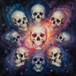 the most intensely amazing abstract painting in the history of the universe, surreal smiling skulls exploding galaxy,