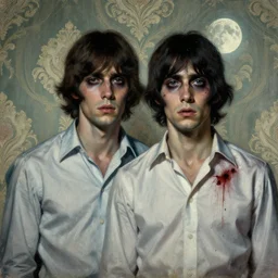 an eerie baroque painting of two beautiful but sinister men wearing oxford shirts in layers of fear, with haunted eyes and dark hair, 1 9 7 0 s, seventies, wallpaper, a little blood, moonlight showing injuries, delicate embellishments, painterly, offset printing technique, by brom, robert henri, walter popp