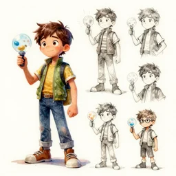 character concept design game asset of sketches watercolor of a boy inventer super scientest by Stanley Artgerm Lau, WLOP, Rossdraws, James Jean, Andrei Riabovitchev, Marc Simonetti, and Sakimichan, tranding on artstation , assets, character design