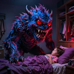 monster red eye sharp teeth spiky fur:: bedroom:: closet:: kid in bed:: horror:: blue, red, purple, black:: realistic