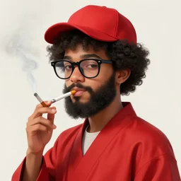 hyperdetailed portrait of a cute young ducktail bearded moroccan male with afro and wayfarer glasses and red baseball hat in a red kimono smoking a cigarette, digital painting, artstation hq, sharp foccus ilustration, artstation hq. intricate, elegant. wlop, artgerm, greg rutkowski, alphonse mucha, medium shot. dan mumford, tomokazu matsuyama