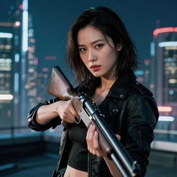 photographic portrait of a techwear woman holding a shotgun, holding shotgun down, closeup, on the rooftop of a futuristic city at night, sigma 85mm f/1.4, 4k, depth of field, high resolution, full color, award winning photography, Kill Bill, John Wick, Die Hard, movies with guns, movie firearms, Terminator