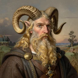 Lord Auberon with ram horns and blond beard, color illustration by Arthur Rackham