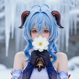 Ganyu with flower covering her mouth blurred icicle background