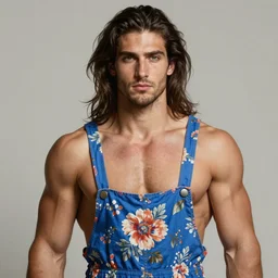 portrait of beautiful muscular man wearing a blue flowery romper, long hair. extreme fine detail background, highly detailed, detailed eyes, high quality, digital painting, hyperrealistic, by gaston bussiere, j. c. leyendecker, craig mullins