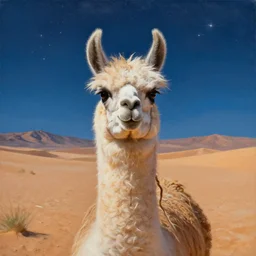 llama with dreadlocks, desert with starfall in the night sky on background, hyperrealistic painting