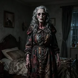 in a bedroom a grotesque old woman standing by my bed at night, photorealistic horror, ultra realistic, dark gloomy