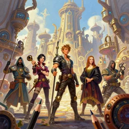 colored pencils an epic fantasy comic book style painting of a group of thieves in a fantasy steampunk city, light and vibrant, fine details, no repeat, concept design, contrast, kim jung gi, pixar and da vinci, trending on artstation, 8 k, ultra wide angle
