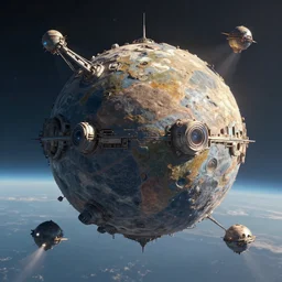 huge flying mechanical planet floating in space full of life
