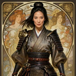 Michelle Yeoh as a beautiful samurai warrior woman, intricate, elegant, highly detailed, centered, digital painting, artstation, concept art, smooth, sharp focus, illustration, art by artgerm and donato giancola and alphonse mucha
