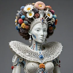 intricate hyper detailed ultra sharp porcelain afro maasai warrior biomechanical cyborg, analog, studio light, iris van harpen haute couture, hexagonal wire mesh, laser cut paper collar, headdress with daisies, colorful puffballs, mushrooms, rhizomorphs, brackets, sponge corals, intricate details, octane render, 8 k
