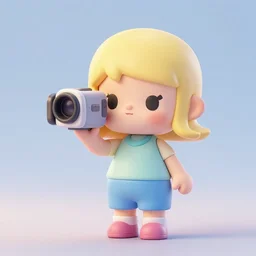 cute, female collectable toy, the female holds a video camera, made in pastel 3 d by jon burgerman and pixar, artstation 4 k, high resolution, simple face, fine details