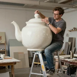 johnny vegas making a very large teapot, sitting on a ladder, art school, studio, photorealistic