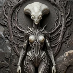 happy female alien, tubular creature, blood vessels, no face, dystopian surrealism, alex ries zdzisław beksinski, symmetry accurate features, very intricate details, hres, naraka buddhist demon korean female, symmetrical long head, smooth marble surfaces, detailed ink illustration, metal gear, cinematic smooth stone, deep aesthetic, concept art, post process, carved marble texture silk cloth, latex skin, highly ornate intricate details