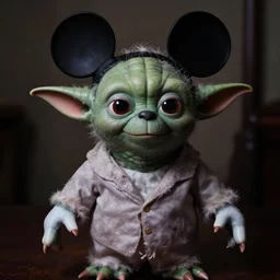 yoda mickey mouse, photo, dslr 24mm, dim light, portrait