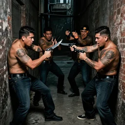 hispanic gang members with tattoos in a brawl with knifes and guns in a dark alley in the style of jean - leon gerome