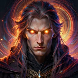 full face epic portrait, male wizard with glowing eyes, elden ring, matte painting concept art, midjourney, beautifully backlit, swirly vibrant color lines, majestic, cinematic aesthetic, smooth, intricate, 8 k, by ilya kuvshinov, artgerm, darius zawadzki and zdizslaw beksinski