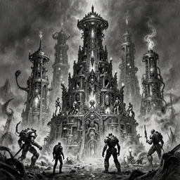 b & w inks of 4 character, tiered flayed god machines, cluster tiered heirarchy, battle chaos, mainframe hydrocracking battles, medical chromed, dystopian, by wayne d barlowe, h r giger, syd mead, enric torres, hyper realism, narrative light, muted colors, epic, hyper detailed, awe inspiring, award winning horror, torch lighting, hyper