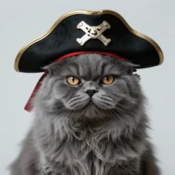 anthropomorphic grey persian cat with evil eyes wearing a pirate hat, fantasy, trending on artstation