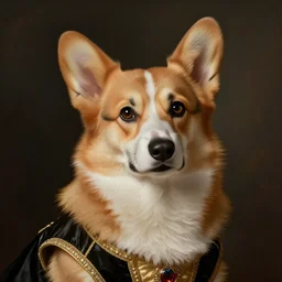front view portrait of a corgi dog dressed as queen of england, by jan van eyck