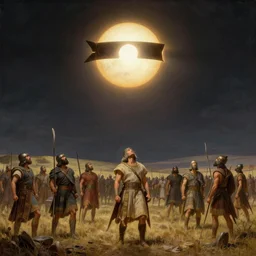 a total solar eclipse fills the sky, warriors on an ancient battlefield stop and look up as the sky goes dark. 5 0 0 bc. clear, detailed, well composed beautiful painting by michael whelan, dramatic lighting, rich colors.