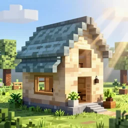 Minecraft Cabin House Ideas, beautiful bright lighting, god rays, bloom effect with volumetric lighting, trending on artstation, artstation RTX, artstation graphics