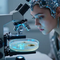 natural light, soft focus portrait of a cyberpunk petri dish with a bacteriological culture and mold with little filaments under the microscope, octane render, tilt shift, polaeized light, blue bioluminescent plastics, smooth shiny metal, elaborate ornate head piece, piercings, skin textures, by annie leibovitz, paul lehr