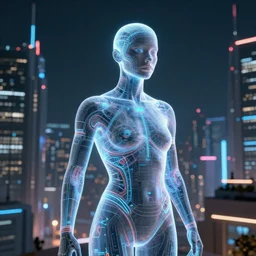 hologram human, sci fi city, hyper realistic, cyberpunk