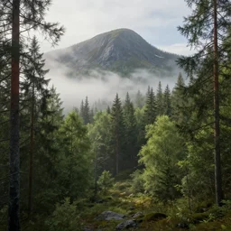beautiful swedish forest from the view of a mountain, misty, very detailed, landscape fantasy art, Octane Render, Ureal Engine, high detail, very realistic, by Greg Rutkowski. by James Gurney