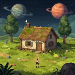 in front of a house, in a remote outpost, on an alien planet, from a space themed point and click 2 d graphic adventure game, set design inspired slightly by tomb raider, art inspired by thomas kinkade and william alexander