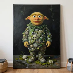 portrait of an artist in her apartment, wrapped in vines, stones, black walls, puddles, moss, acrylic on canvas, by magritte and monet