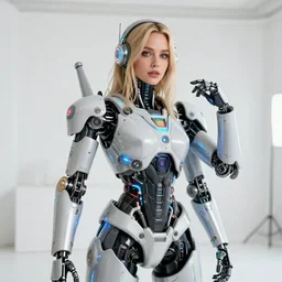 blissful young tia carrere as a solarpunk mecha humanoid robotic parts with bright led lights, real human face, pudica pose gesture, by michelangelo, in white room, ultra - realistic and intricate, portrait shot 8 k