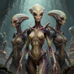 female alien creatures with realistic human faces on an alien world, artstyle greg rutkowski, model pose, very intricate details, high resolution, 4 k
