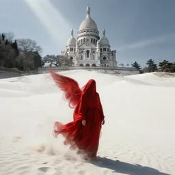 one lone singular swirling otherworldly angelic figure shrouded in red robes emerges from extensive barren white dunescape, matte painting by peter mohrbacher and filip hodas, background basilica! sacre coeur, godrays, high contrast, highly detailed, a