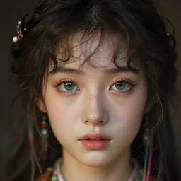 pre-raphaelite cute anime girl with dark rainbow, blurred detail, nice realistic eyes, photo by Annie Leibovitz, Anton Fadeev