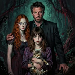 cinematic colorful horror artwork by artgerm, beksinski, mark brooks ; real life full portrait of three humans family posing together with pet cat, the man was ben affleck, the woman was dove cameron, and the boy was tyler ; melancholy haunting ; 8 k hdr, creepy intricate ; volumetric dramatic lighting, insanely detailed