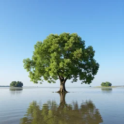 centered great tree in the flooded plains. clear blue sky. little islands. sunshine clear day. max rive, 4 k, instagram, landscape, hdr
