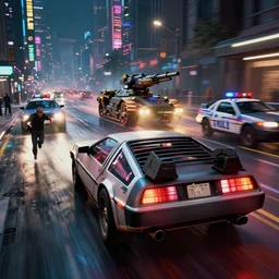 photo of the back to the future battle combat machine gun delorean being chased by police on wet cyberpunk city streets at night, rocket league tank, mad max, action, speed, volumetric lighting, hdr, gta 5, syd mead, craig mullins, cinematic, fast and furious, octane, 8 k, iso 1 0 0, 1 2 mm