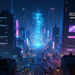 a still of a busy cyberpunk city from a gorillaz music video, night, cool blues, holograms and neon signage, dramatic lighting, vibrant, 2 d game environment design, behance favourite, global illumination, bloom,