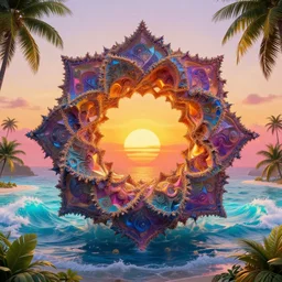 a hyper-complex geometric mandelbulb fractral sunrise, mandelbrot fractal ocean waves, tropcial psychedelic vacation, paradise, golden-ratio, insane amount of detail, unreal engine 5