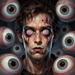 upper half portrait of a man with spiral eyes and zombie features drooling - inside of a distorted with 3 d eyes all around him - in drew struzan movie poster style, art by drew struzan & hsiao - ron cheng, highly detailed, digital painting, ray tracing, illustration, smooth, sharp focus, intricate, symmetry, artstation,